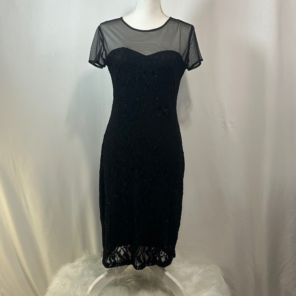 SCARLETT Black Lace Sheer Mesh Bodycon Midi‎ Autumn wedding guest Dress Size 6